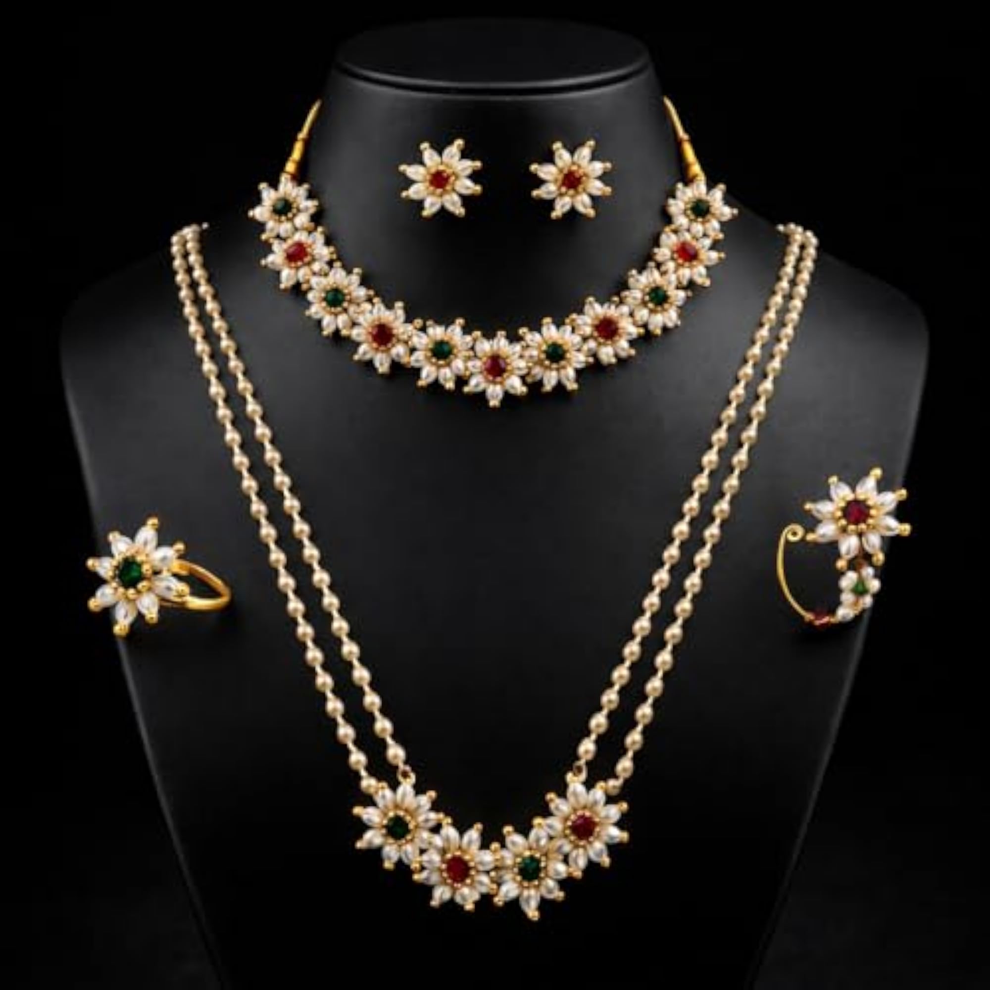 Women's Traditional Multi Stone Stud Mogra/Parijat Set